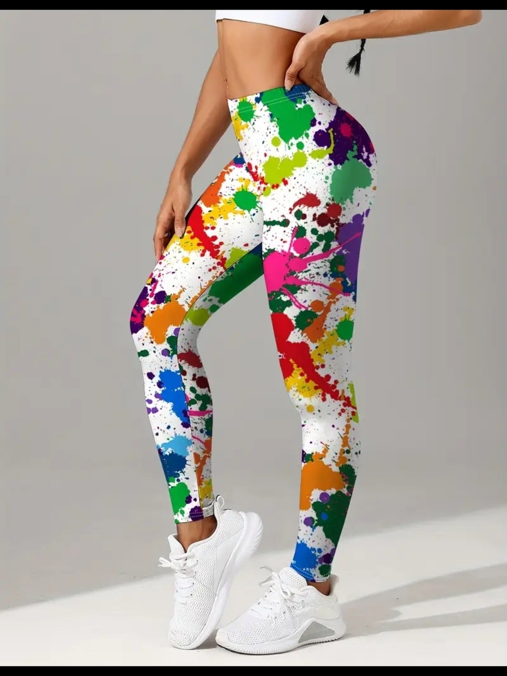 White Multicolor Paint-Splash High-Waist Leggings